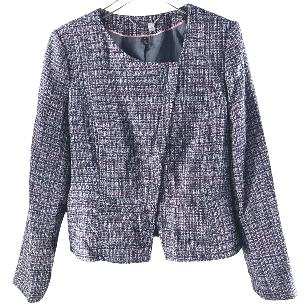 White House Black Market Tweed Blazer Navy Pink Asymmetric Zip Jacket Size 14